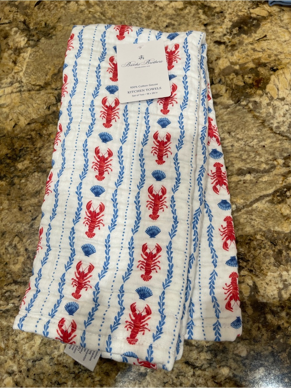 Brooks Brothers cotton gauze lobster red white and blue kitchen dish towels NEW
